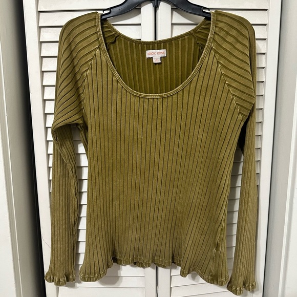 Knox Rose Olive Long Sleeve Top Large Ribbed Lettuce Hem - Picture 1 of 6